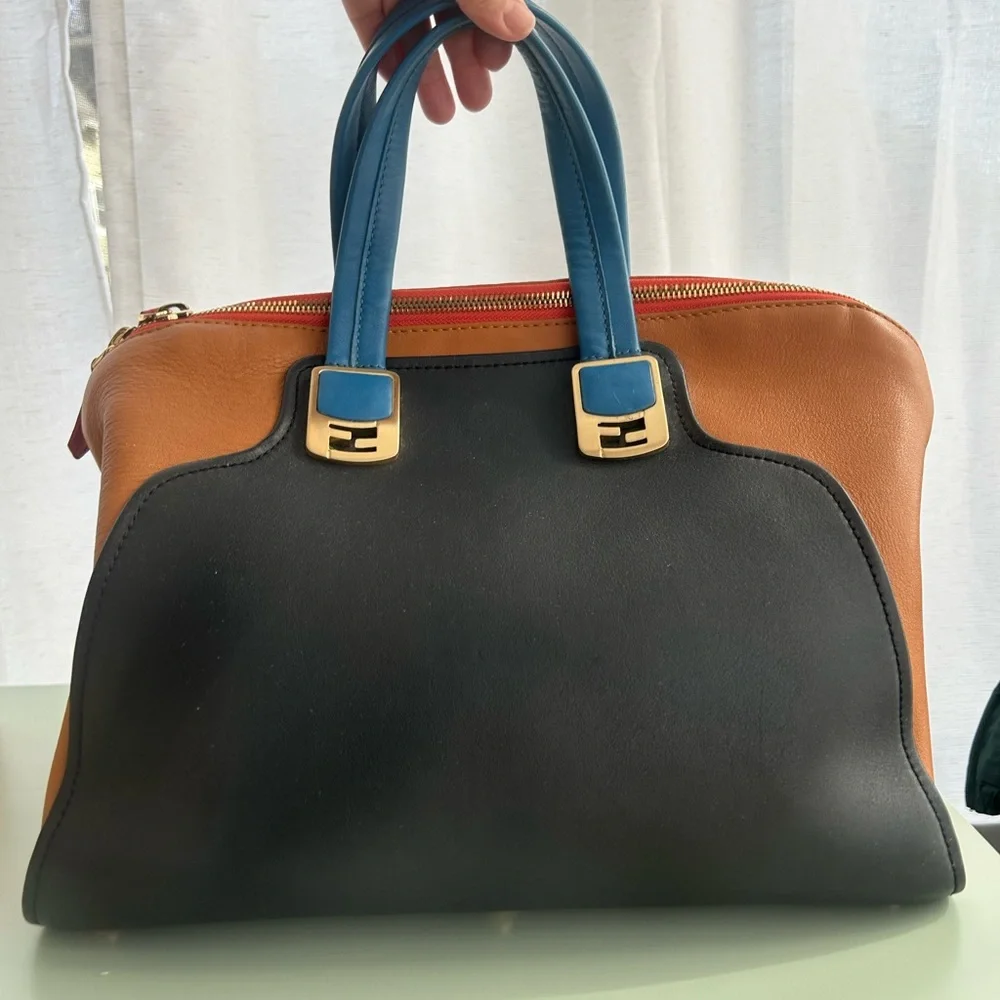 Fendi Black, Brown & Blue Leather Satchel with Gold Hardware - Picture 3 of 11